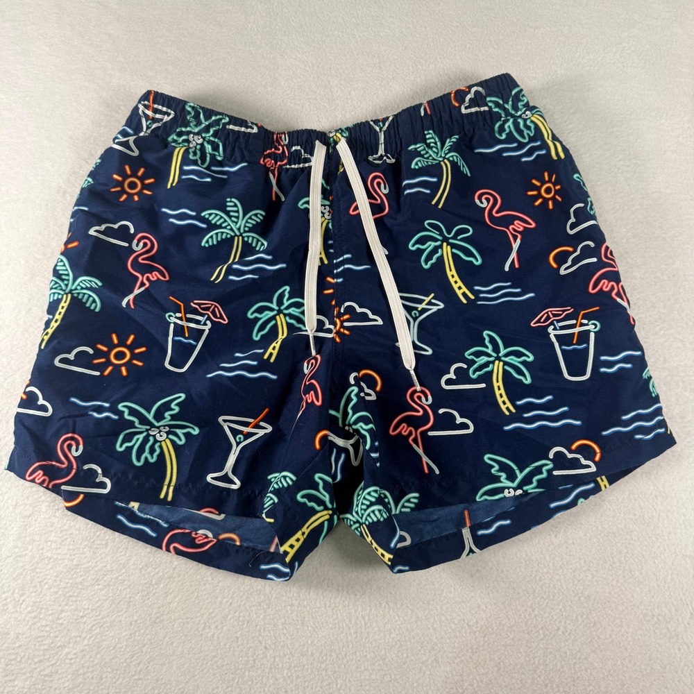 Chubbies Swim Trunks Mens Size Medium Navy Neon Flamingo Palm Tree Resort Shorts
